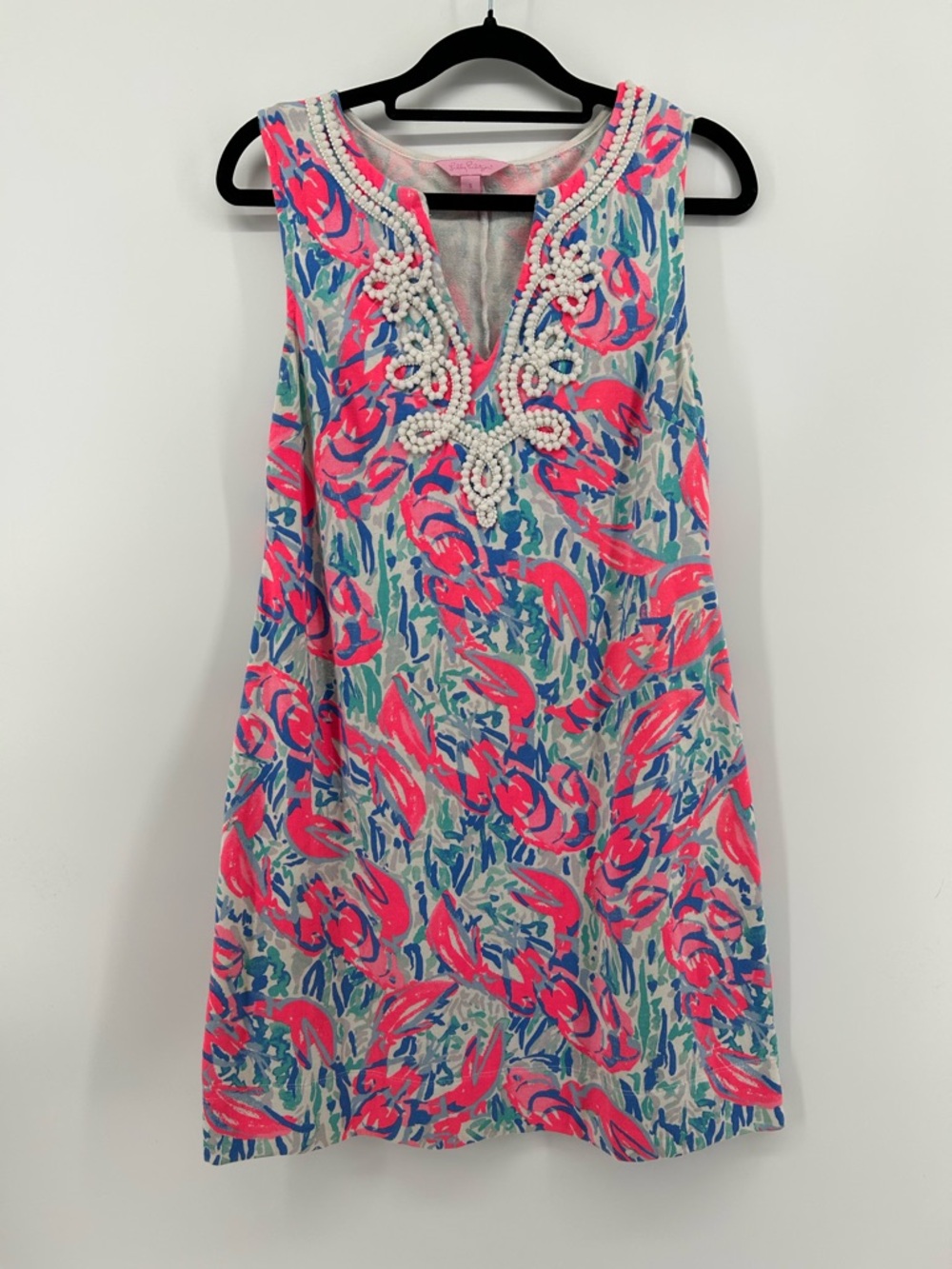 Lilly Pulitzer Harper Lobster Dress in Cosmic Coral Cracked Up pattern